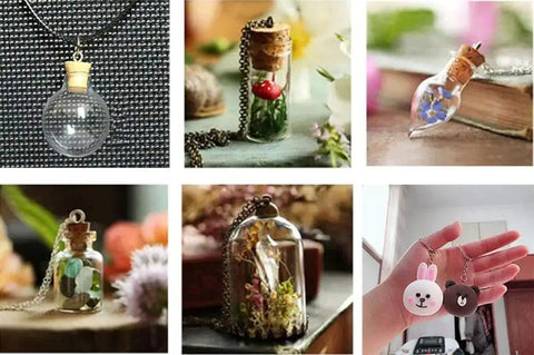Glass cork bottle pendants used with Black Tiny Screw Eye Pins Hooks For Jewelry Making And Craft Projects; displayed in various settings
