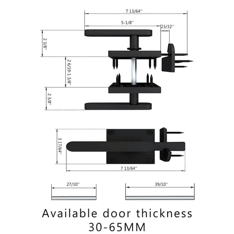 Rugged Matte Black Gate Latch With Double Sided Self-Locking Aluminum Gate Hardware, detailed measurements shown, rust resistant