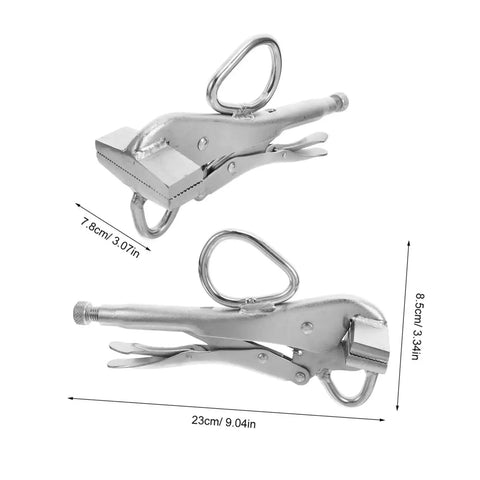 Adjustable Auto Body Sheet Metal Clamp Pliers with beefy wide flat duckbill jaws, ergonomic grip, and measurements for precise welding.