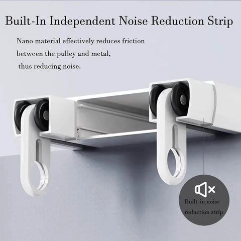 Close-up of heavy-duty aluminum curtain track with self-lubricating nano quiet rollers for noise reduction and smooth operation.