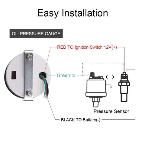Oil Pressure Gauge Kit 0 To 100 PSI 52mm 2 Inch Illuminated White Backlight Red Needle Black Dial with wiring diagram for easy install.