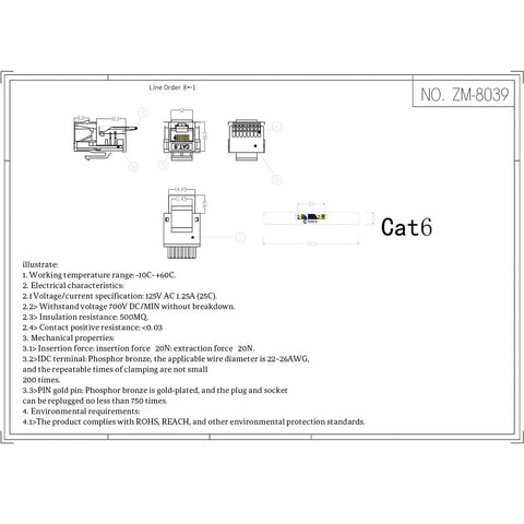 Diagram showing the layout and specifications of Cat6 RJ45 Keystone Jacks Toolless 12-Pack, female Ethernet connectors, and installation details.