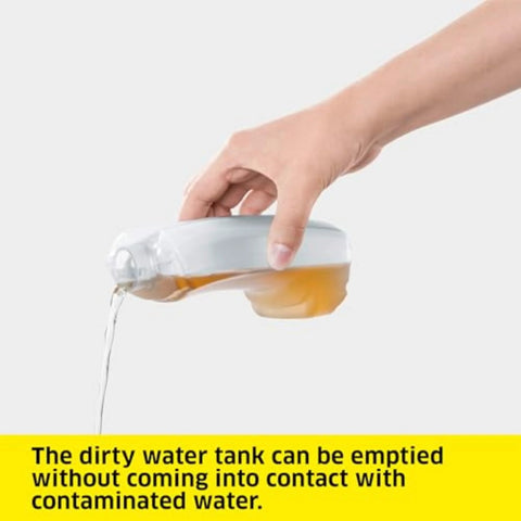 Electric window vacuum squeegee hand-held unit with white housing; user empties dirty water tank