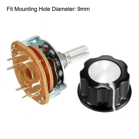 Beefy 2 Pole 5 Position Rotary Switch with 6mm Shaft and 9mm Thread, shown with black plastic knob and mounting nut