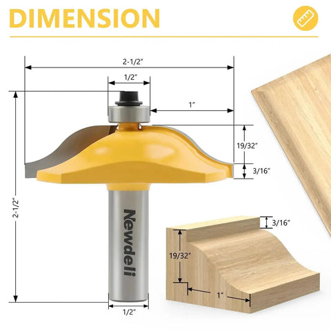 Pro Grade 3 Piece Raised Panel Cabinet Door Router Bit Set dimensions showing 2.5-inch height and 19/32-inch width for woodworking