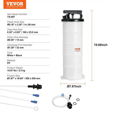 6.5L Manual Oil Change Fluid Extractor Pump With Dipstick And Suction Hose, white tank, black handle, measurement details shown