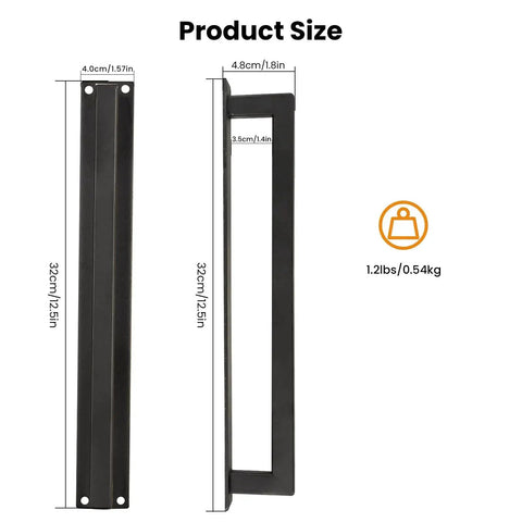 Rustic 12 Inch Barn Door Handle, Heavy Duty Matte Black Square Door Pull with Long Flush Base, side and front view