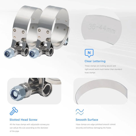 Two Pack 1.25 Inch T Bolt Stainless Steel Hose Clamps 304 Grade Durable Clamp Kit With 36 To 44 Mm Working Range Fits 1.25 Inch Inner Diameter Hoses Ideal For Automotive Marine Industrial Use