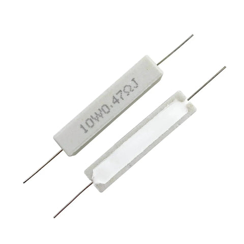 Two white ceramic cement power resistors with axial leads (front/side)