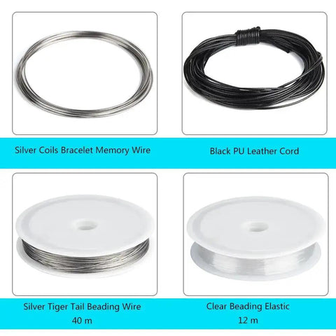 All In One Jewelry Making Kit With Fifteen Jewelry Findings; silver bracelet memory wire, black leather cord, beading wire, elastic