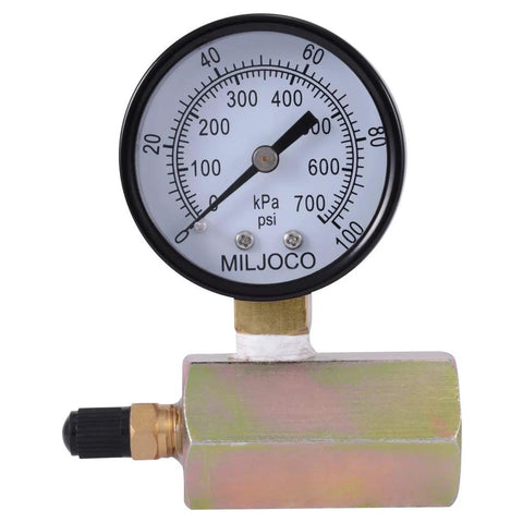 SharkBite 3/4 in pressure test kit gauge; brass body with Miljoco gauge face.