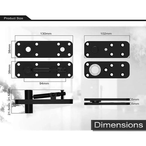 Beefy Heavy Duty Stainless Steel Hidden Door Pivot Hinge System for Wooden Doors 360 Degree Rotation Invisible Door Hinges Set Black Finish 1 Pack shown with dimensions and parts in black finish.