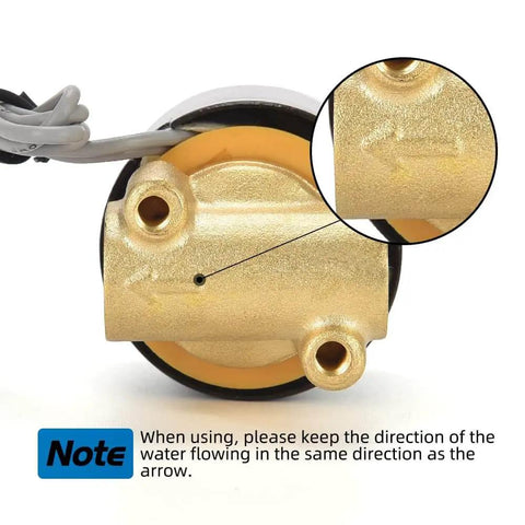 Brass Electric Solenoid Valve 12V Quarter Inch Port Normally Closed with flow direction arrow and wiring