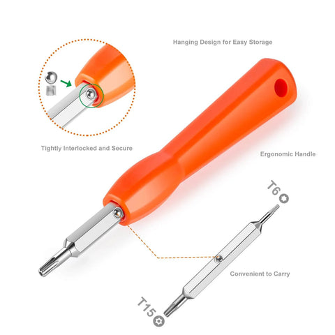 Double Ended T6 T15 Screwdriver Tool For Video Doorbell Replacement Battery Change And WiFi Password Reset Magnetic Precision Bits with ergonomic orange handle, shown with T6 and T15 bits highlighted.