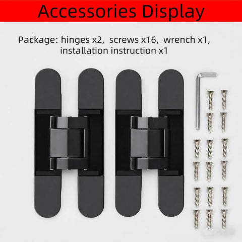 Hidden Door Hinges 6 Inch Heavy Duty Concealed 180 Degree Swing 3 Way Adjustable Butt Hinges for Wooden Doors Black Finish 2 Pack