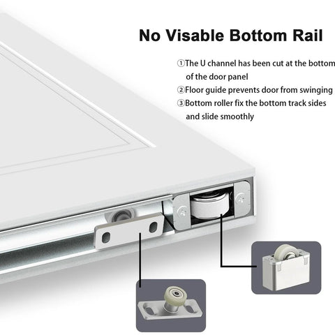 Concealed Barn Door Kit 36x84 with Soft Close Hardware and Matte Black Pulls, close-up of bottom rail mechanism detail.