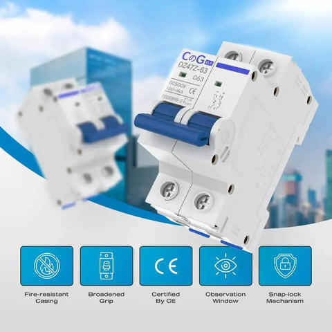 Two Pole 63 Amp 500V DC Circuit Breaker For Solar PV Systems With Thermal Magnetic Trip, DIN Rail Mount Disconnect Switch