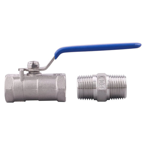 Stainless steel 1/2 in ball valve with blue lever handle and matching male hex nipple (NPT)