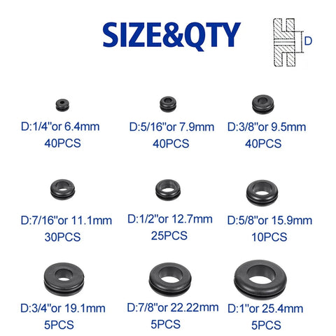 200 Piece Hollow Rubber Grommet Assortment Kit For Firewall Cable Holes 1/4 Inch To 1 Inch Grommets With 40 Pieces Each Size diagram