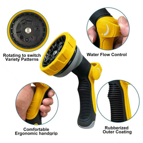 Garden hose spray nozzle, yellow and black, with ergonomic grip and adjustable pattern selector