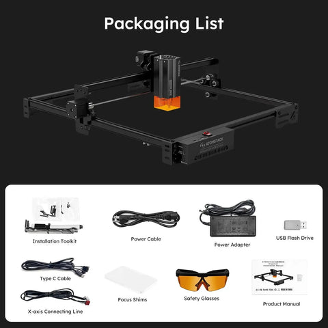 Packaging list for 20W Laser Engraver A20 Pro V2 From Atomstack, showing engraver frame, cables, power adapter, installation toolkit.