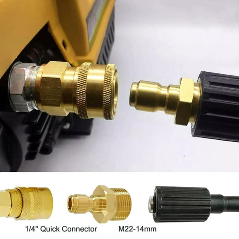 M22 14mm Male to Quarter Inch Quick Disconnect Pressure Washer Coupler Fitting for High Pressure Gun and Hose Up to 4500 PSI Universal Connector Compatible with Most Washers showing brass connectors detached and attached.