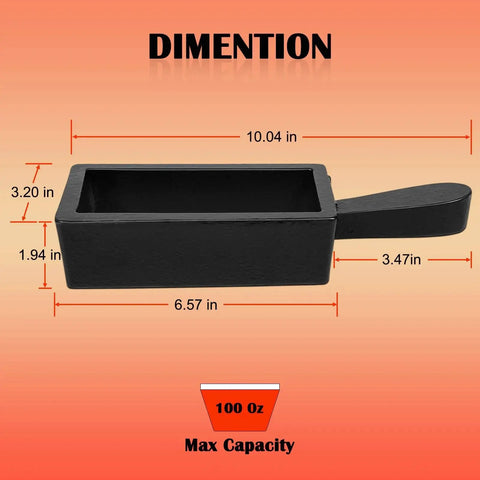 Image showing dimensions of 100 Oz Troy Ounce Cast Iron Ingot Mold Loaf Dope For Smelting And Pouring Gold Silver Copper Aluminum Brass Versatile Metal Casting Tool With Durable Handle For Melting And Refining. Size: 10.04 in x 6.57 in x 3.47 in, capacity 100 oz.