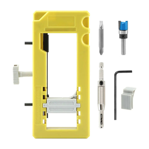 All In One Door Hinge Installation Kit With Router Template For 3 To 5 Inch Doors And 1/4 Or 5/8 Inch Thickness Includes Router Bit Self Centering Hinge Bit Double Headed Screwdriver And Easy To Follow User Manual Green, components displayed separately.