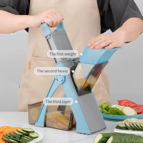 Person using 5 In 1 Mandoline Slicer For Safe Precise Slicing And No Fuss Quick Meal Prep With Adjustable Thickness From 0.1 To 8 Millimeters Julienne Dicer Detachable Blades Non Slip Base And Ergonomic Handle