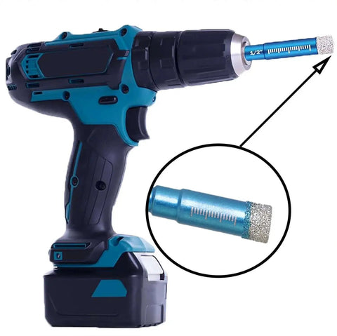 Cordless drill with Five Piece Diamond Dry Drill Bit Set For Tile Glass Ceramic Marble And Stone With 3/16 15/64 5/16 13/32 1/2 Inch Core Bits Built In Cooling Wax Delivers Over Thirty Percent Higher Abrasion Resistance And Faster Drilling For Clean Precise Holes That Crush installed