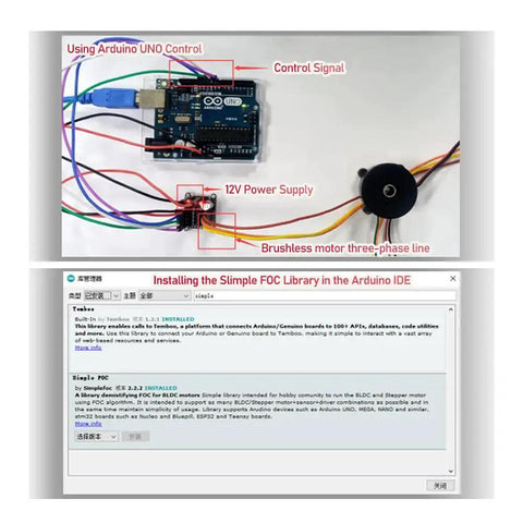 Mini DC Brushless Motor Driver Board With SVPWM SPWM FOC Control And DRV8313 Chip setup with Arduino and power connections.