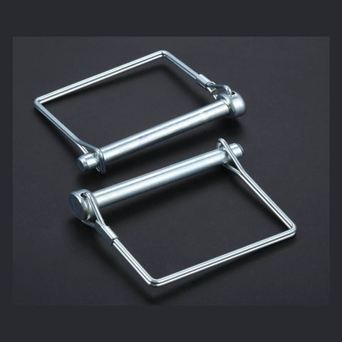 Two metal pins from 10 Pack Trailer Coupler Pin 3/8 By 3-5/32 Inches Heavy Duty Wire Lock Pins For Trailers RVs Boats And Farm Equipment Secure Towing And PTO Shaft Locking Pin viewed with wire locks on gray background.