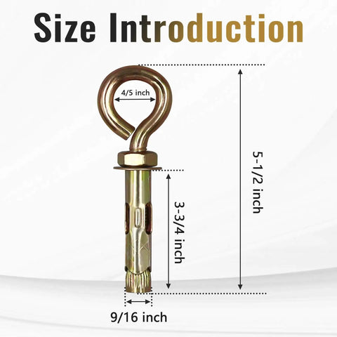 Detailed front view of Concrete Eye Bolt Anchor 9/16 Inch By 5-1/2 Inch Heavy Duty Carbon Steel Shoulder Eyebolts With Screw Expansion Sleeve