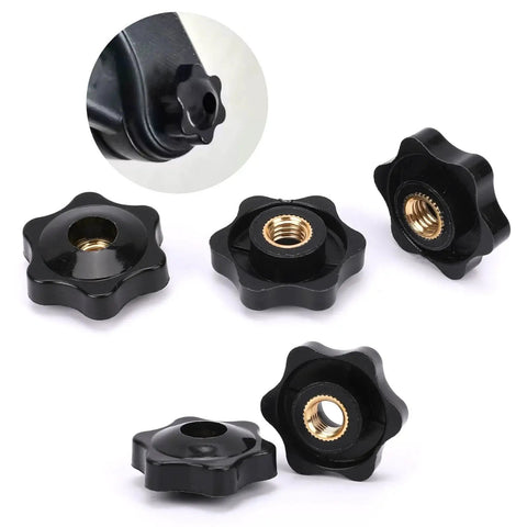 Set Of 10 Six Star Knobs 1/4-20 Hex Head T Knobs For Clamp Jigs And Fixtures, black with brass insert, close-up view
