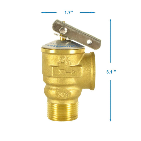 Brass HYDRO MASTER safety relief valve for hot water, 3/4 in NPT thread, 150 PSI, Amazon brand.