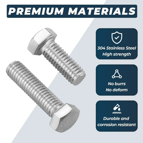 High Quality 1/4-20 x 1 Inch 304 Stainless Steel Hex Head Bolts shown with durability icons for DIY and industrial use