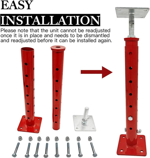 Telescoping Basement Floor Jacks For Leveling 18.5 To 34.6 Inches 4400 Lb Each with red steel construction and installation components