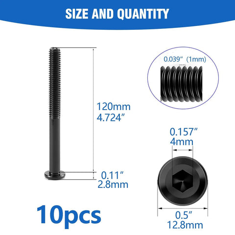 M6x120mm Flat Head Hex Socket Cap Screws Set Of 10 For Furniture And DIY Projects, Carbon Steel Black Oxide Finish, size details