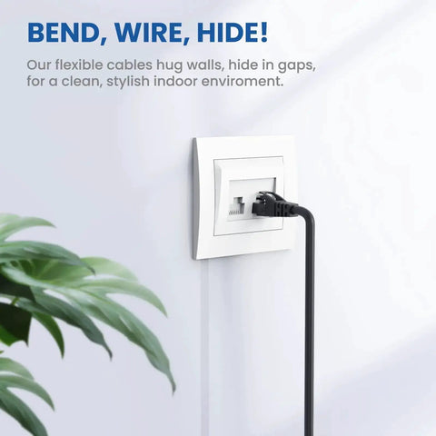 Black High Speed Cat6 Ethernet Patch Cable 6 Ft 2 Pack for Indoor Outdoor Use plugged into wall outlet.