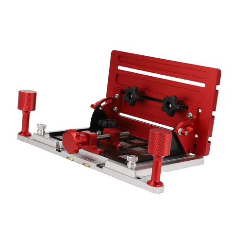 Adjustable Table Saw Push Handle With Aluminum Alloy Vertical Backer And Clamp, Secure Guide For Woodworking, Red Base, Side View
