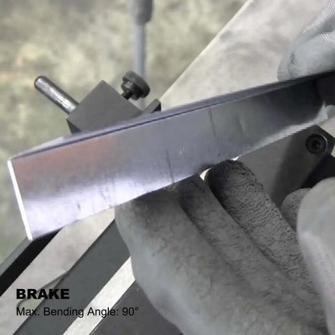 Close-up of Compact 8 Inch Manual Sheet Metal Shear And Brake Combo for 20 Gauge Steel forming precise 90 degree bends.