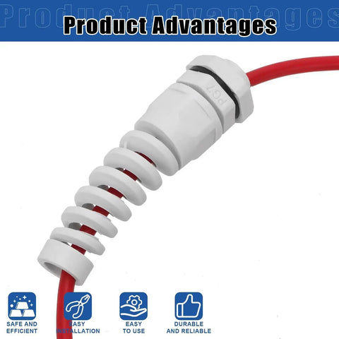 Close-up of white nylon spiral strain relief gland from 22 Piece Cable Gland Kit For Electrical Installations With PG7, PG9, PG11, PG13.5, PG16, And PG21, All In One Weatherproof Wire Entry Kit with red cable.