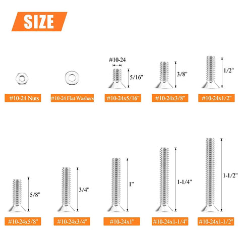 Size chart for Massive 140 Piece Size 10 24 Phillips Countersunk Machine Screws Nuts And Washers Assortment Kit In 304 Stainless Steel Coarse Thread Fully Threaded For Do It Yourself Home Garage Projects.