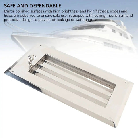 Jonlaki 316 stainless marine louvered vent grille, mirror-polished, adjustable with locking knob (angled front view)