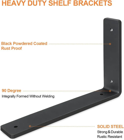 Close-up of L-shaped heavy duty shelf bracket with black powder-coated finish, rust proof, showing 90-degree angle and solid steel material.