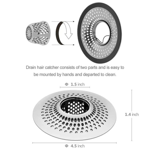 Detachable Drain Hair Catcher And Shower Strainer For Bathtub Stainless Steel Drain Protector in two-part design, size 4.5x4.5x1.4 inches