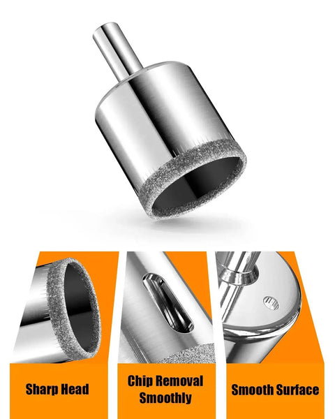 Diamond Drill Bits Set 10 Piece Diamond Hole Saw Kit For Glass, Ceramic Tile, Porcelain, close-up of diamond-coated edge