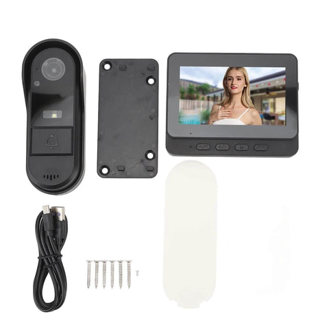 Smart Video Doorbell System With 1080P Camera, 4.3 Inch Display, night vision, IP65; includes camera, monitor, cables, screws.