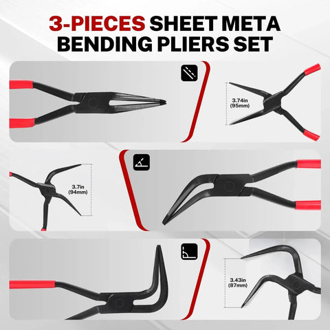 Three Piece Hand Seamer Set For Sheet Metal Bending With Straight 45 Degree And 90 Degree Jaws Two And Three Eighths Inch Wide Pliers Comfortable Grip Handles For Auto Body Home DIY And Metal Fabrication, showing all three pliers with red handles and varying jaw angles