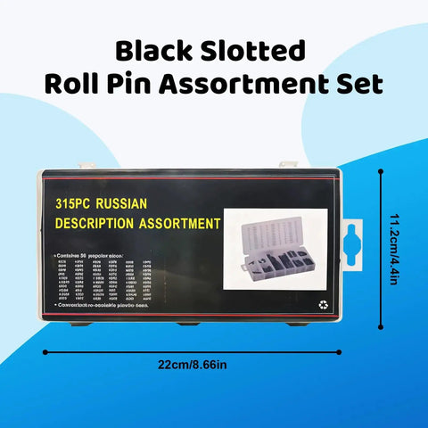 Heavy Duty Black Roll Pin Set With 30 Sizes Slotted Spring Pins Steel Split Expansion Pins M1.5 Through M10 315 Piece Automotive Repair And Home Improvement Kit Rust Resistant Carbon Steel in box with size details
